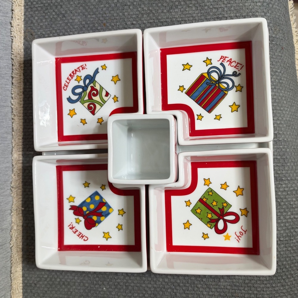 Christmas Holiday Ceramic Appetizer Serving Set 6 Piece Tray Bowls Red White